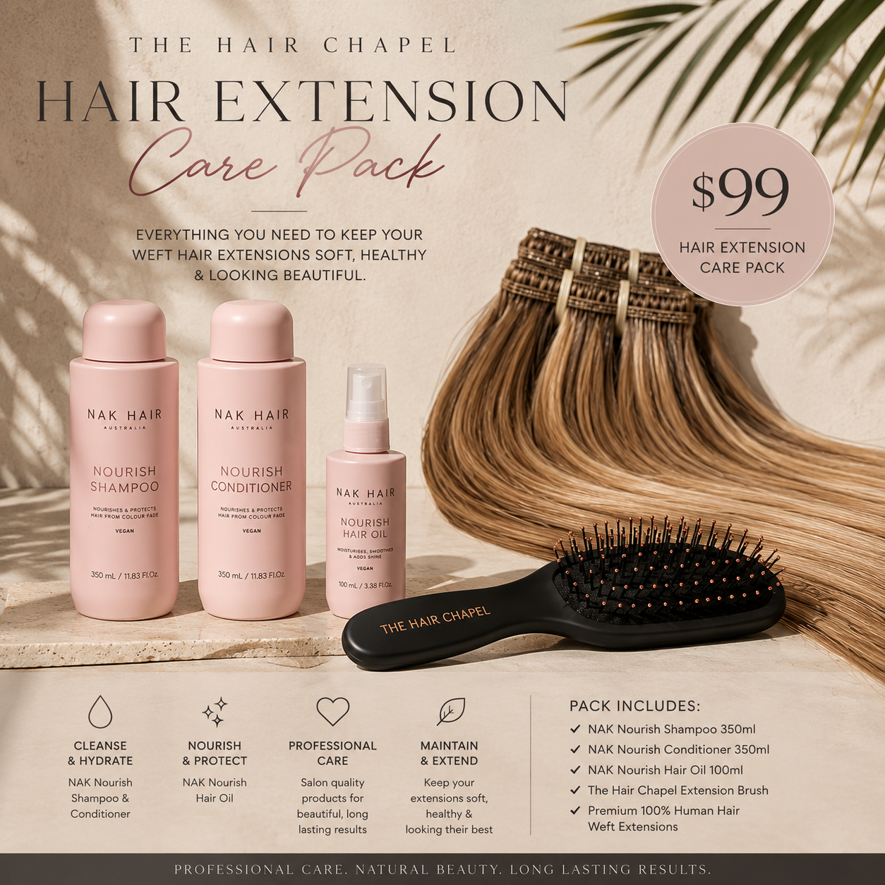 Beautiful weft hair extensions with professional aftercare products recommended by The Hair Chapel.