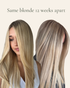Fresh blonde hair compared with the same blonde 12 weeks later showing natural brassiness before a toner refresh.